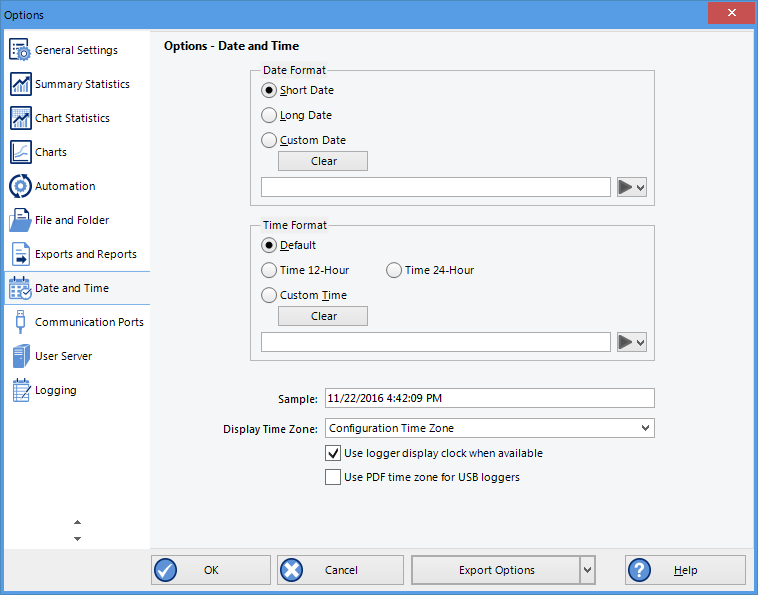 Date and time options